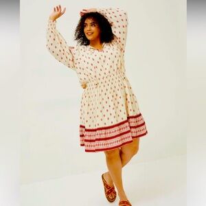 FatFace Natural Devin Bandana Dress Cream and Red Long‎ Sleeve Midi Boho US 10